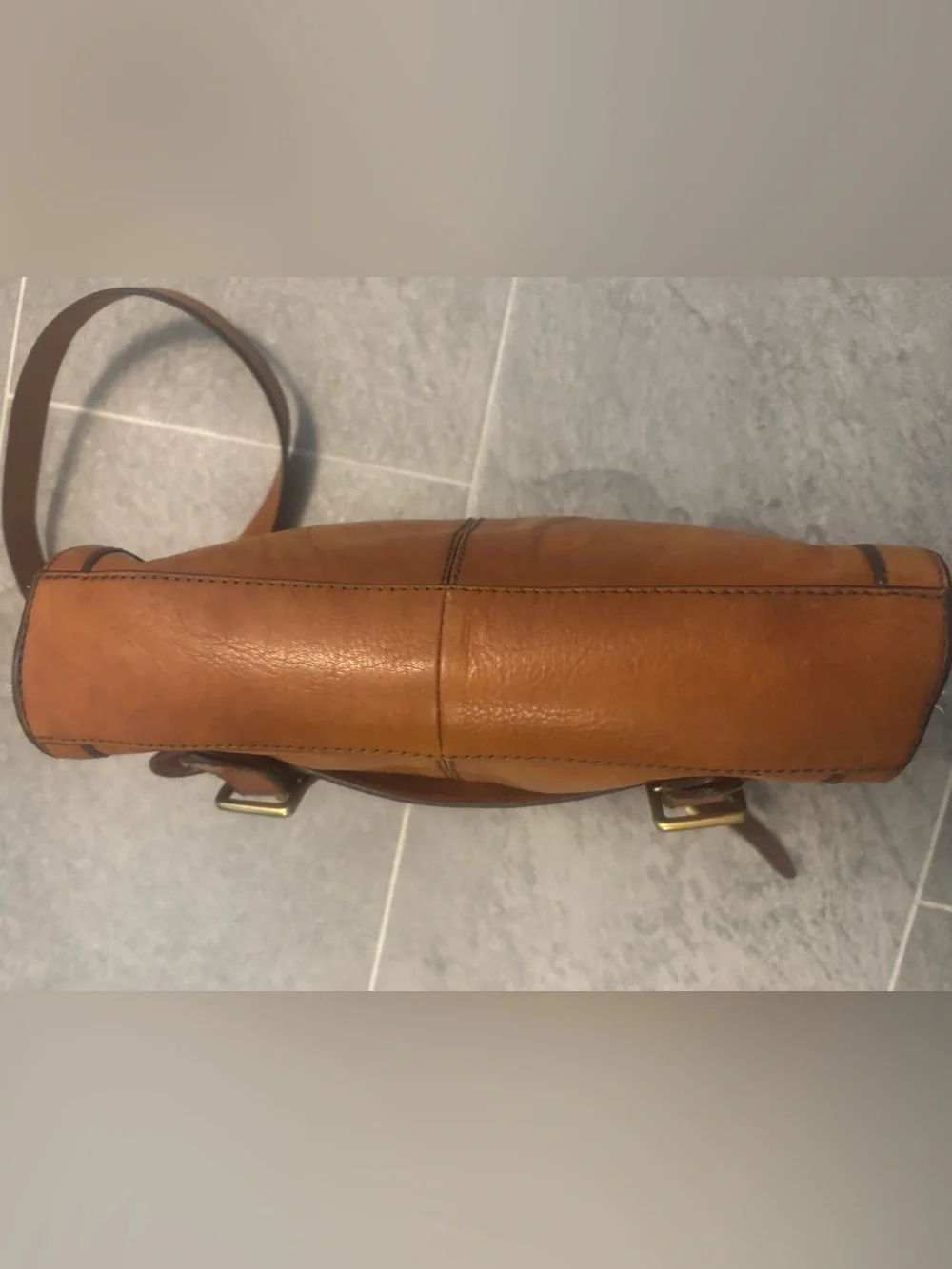 VINTAGE Fossil Leather Messenger Bag Brass Accents Leather Strap